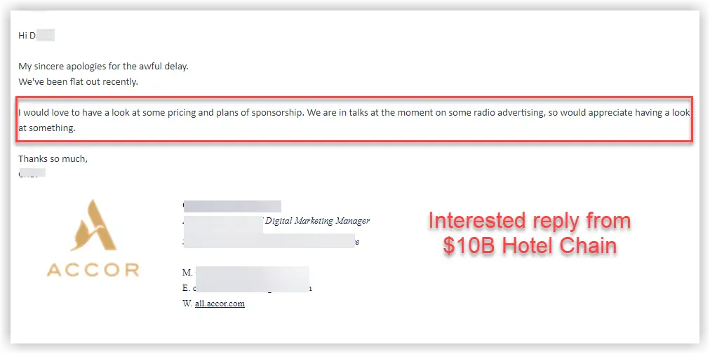 Email reply screenshot from Accor. The sender name and address are obscured.