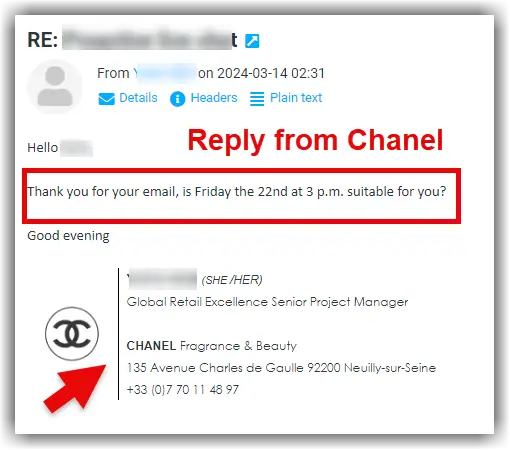 Email reply screenshot from Chanel. The sender details are obscured.