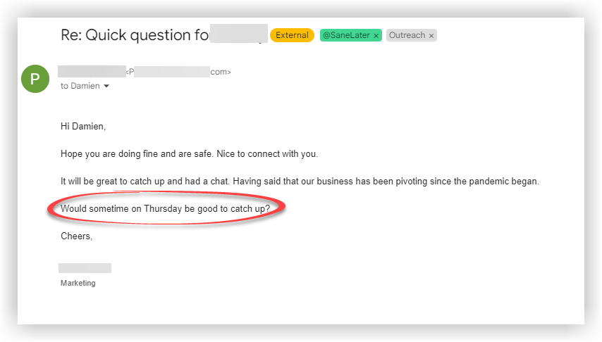 Positive prospect reply screenshot 4. Personal details are obscured.