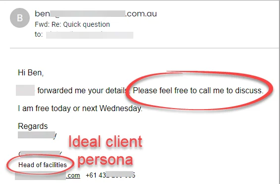 Email reply from a head of facilities: Please feel free to call me to discuss. Names blurred.