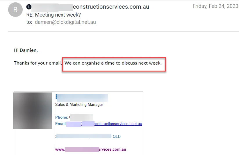 Email reply: We can organise a time to discuss next week. Names blurred.