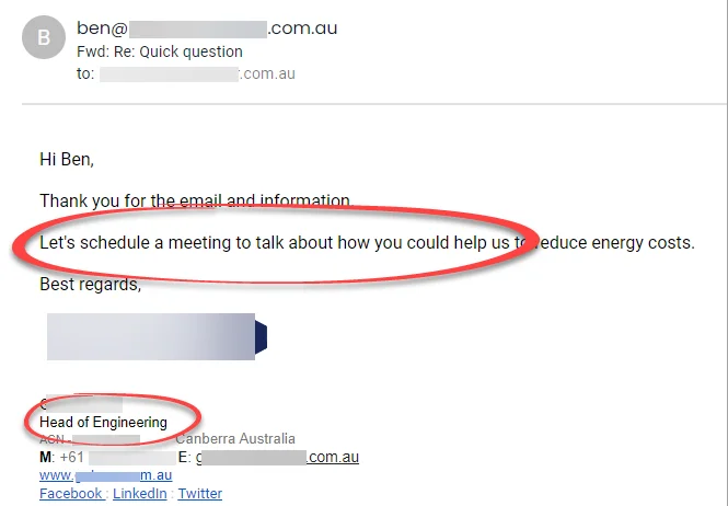 Email reply from a head of engineering: Let's schedule a meeting. Names blurred.